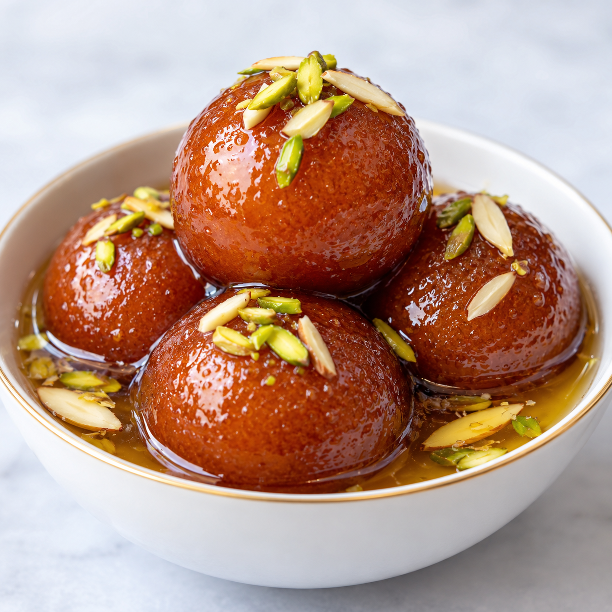 Glossy gulab jamun in golden syrup, garnished with pistachios and almonds